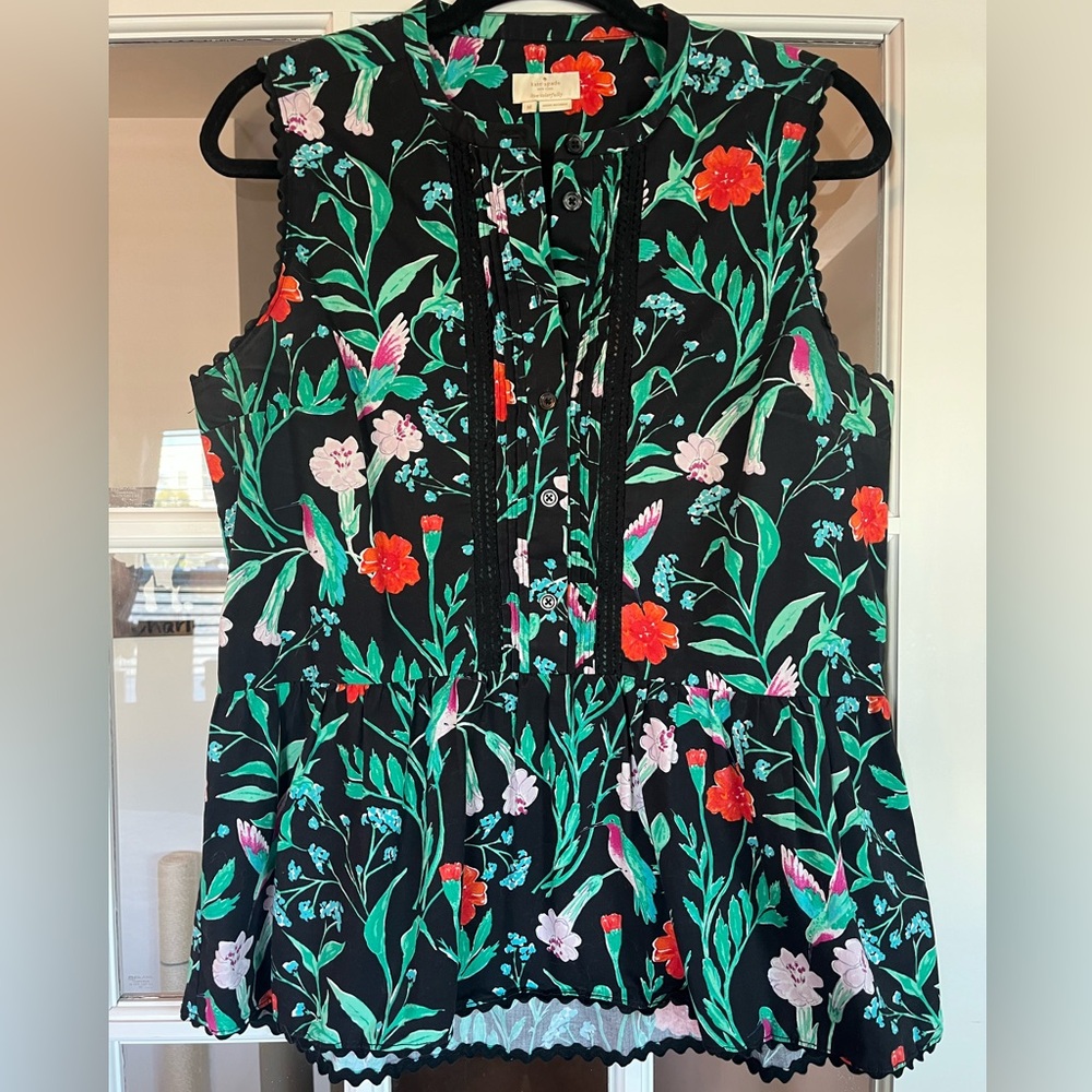 kate spade Black Floral Sleeveless Ruffle Blouse